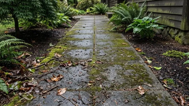 Garden walkway pavers covered in moss and fallen leaves before pressure washing in Bellevue, WA