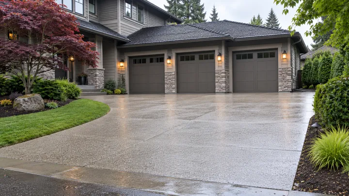 Stamped concrete driveway refreshed after pressure washing in Kirkland, WA