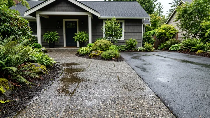 Driveway and paver walkway cleared of moss and debris after pressure washing in Kirkland, WA