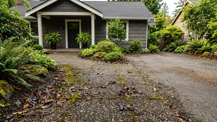 Driveway and paver walkway with moss and scattered leaves before pressure washing in Kirkland, WA