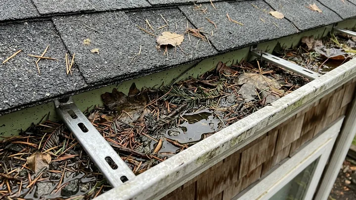 Gutter packed with leaves and debris before gutter cleaning in Issaquah, WA