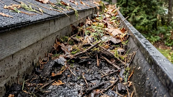 Gutter clogged with wet leaves and pine needles before gutter cleaning in Kirkland, WA
