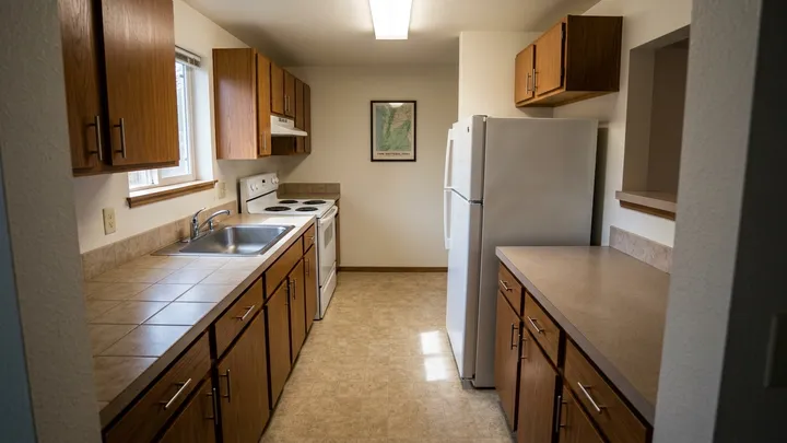 Empty apartment kitchen with spotless counters and floor after a move-out clean in Redmond, WA