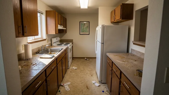 Empty apartment kitchen with trash and crumbs left on counters and floor before a move-out clean in Redmond, WA