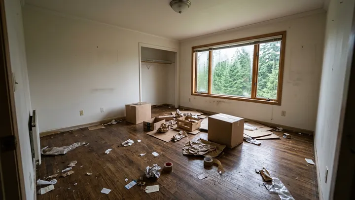 Empty bedroom with dust and debris left on the floor before a move-out clean in Sammamish, WA