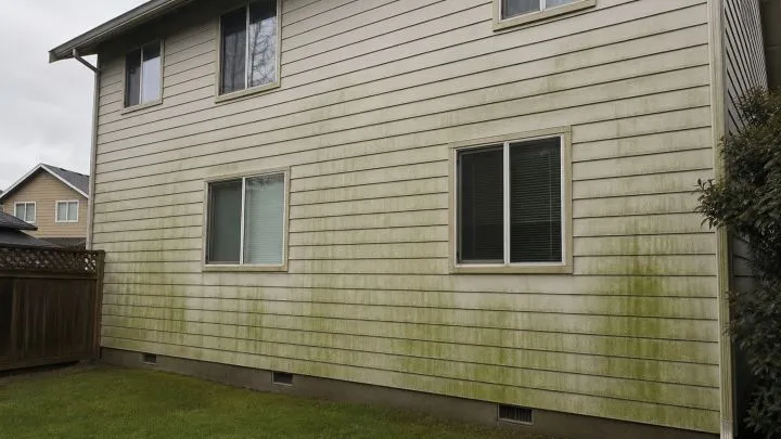House siding with algae and grime buildup before soft washing in Kirkland, WA