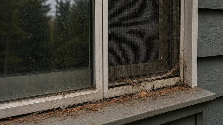 Window screen and sill covered in dust, cobwebs, and debris before cleaning in Redmond, WA