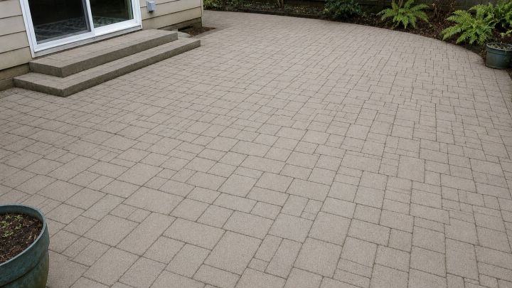 Paver patio restored to a clean, even finish after pressure washing in Redmond, WA