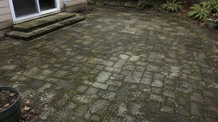 Weathered backyard paver patio with moss and algae before pressure washing in Redmond, WA