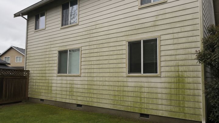 House siding with algae and grime buildup before soft washing in Kirkland, WA